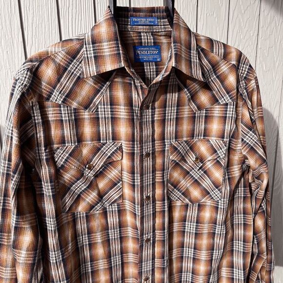 Pendleton Frontier Plaid Western Shirt M - Brown/Blue, Vintage, Snap Buttons - Picture 3 of 8